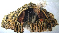 Artist rendition of dwelling in Mezhirich, Ukraine, made of mammoth bones.  Source: Dolní Věstonice Museum. (Click on image to view larger.)